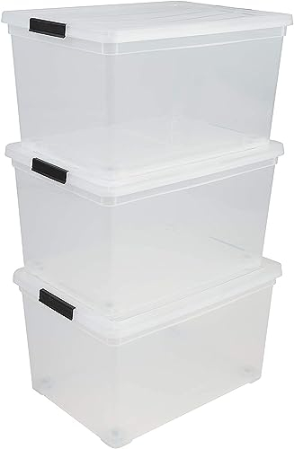 Iris Ohyama, Aufbewahrungsbox aus Kunststoff, 50 l Büro-Aufbewahrungsbox, 3er-Set, NCS-320, transparent, stapelbar, Verschlussclips ? B54 x T39,5 x H30,5 cm