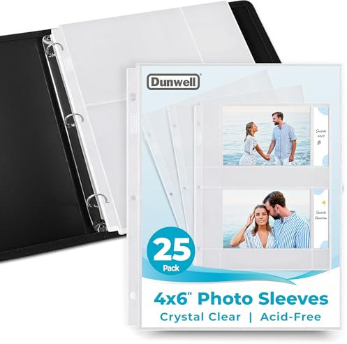 Dunwell 4x6 Fotohüllen für 3-Ringbuch (horizontal, 25 Stück) für 100 Bilder, jedes Blatt hält vier 4 x 6 Bilder oder Postkarten, säurefreie Poly-Fotoalbum-Nachfüllseiten
