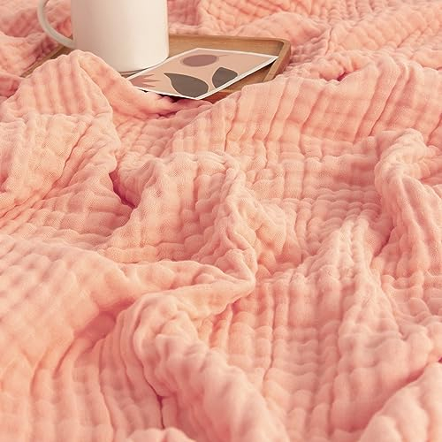 EMME Baumwoll-Musselin-Decke, Überwurfdecken für Couch, Bett, atmungsaktive Gazedecke, für alle Jahreszeiten, weich und leicht, vorgewaschene Baumwolldecke, Rosa, 127 x 177 cm