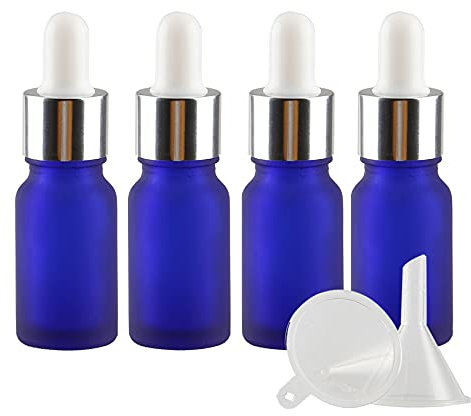 TIANZD 4 Pièces 10ml Flacons en Verre Bleu Mat avec Pipettes, 10 ml Bouteilles Compte-gouttes en Verre Vides avec Bouchon à Vis Argent Pour Les Huiles Essentielles Aromathérapie