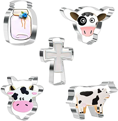 Crethinkaty Ausstechformen-Set mit Kuh, 5 Stück, Edelstahl, Milchflasche, Kuh, Langhorn, Kuhkopf und Heiliges Kreuz für Kekse, Fondant