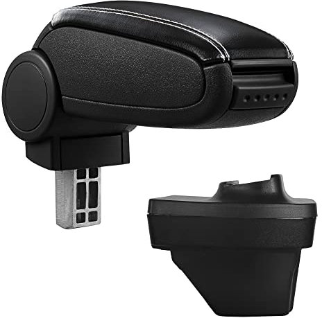 Accoudoir Central avec Compartiment de Rangement Rembourré Similicuir Noir avec Coutures Blanches