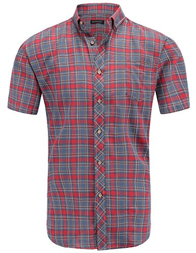 JEETOO Homme Chemise à Carreaux Manches Courtes Slim Fit en Coton Chemises décontractées(Gris et Rouge, Small)