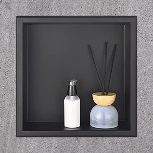 HANFU Nicho de Ducha, Estante de Ducha Empotrado de Acero Inoxidable, Estantes de Baño Nicho Sola Capa Cuadrado 30x30x10cm, Nicho Almacenamiento de Baño para Gel Ducha Champú ArtíCulos Tocador, Negro