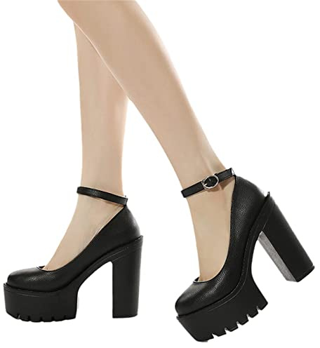 EGSDMNVSQ Damen Schwarz Mary Jane Schuhe Sweet Toe Knöchel Gothic Plattform Frauen Pumps Schuhe Chunky Plattform Gothic Schuhe Lackleder Kleid Schuhe Süße