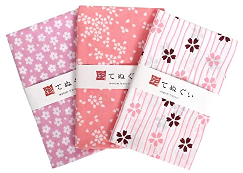 irodori Traditionelles japanisches Handtuch Tenugui Sakura Muster B mit Ausfransenverhinderung Verarbeitung 3er Set mit Tenugui Iroha
