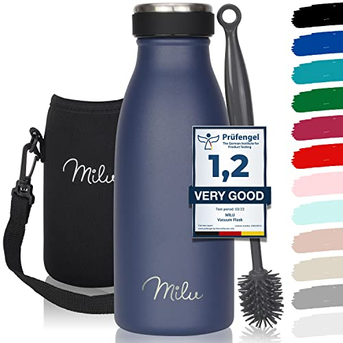 Milu Stainless Steel Drinking Bottle 350 ml - Insulated Thermo Flask for Water - Leak Proof, Insulated and Double Walled, Carbonated (Navy Blue, 350ml)