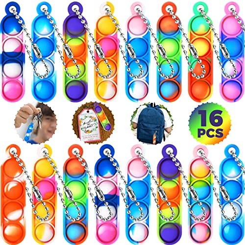 Lot de 16 porte-clés Pop It Fidget Jouets pour sacs de fête pour enfants, porte-clés Poppet piñata de Noël, cadeaux d'anniversaire pour enfants, jouets sensoriels pour filles et garçons