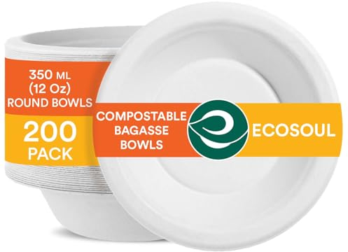 ECO SOUL Ciotole da minestra bianco perla compostabili al 100% [confezione da 100] Ciotole da dessert usa e getta I Ciotola di carta resistente I Insalatiera ecologica (Naturale, 12 Fl Oz)