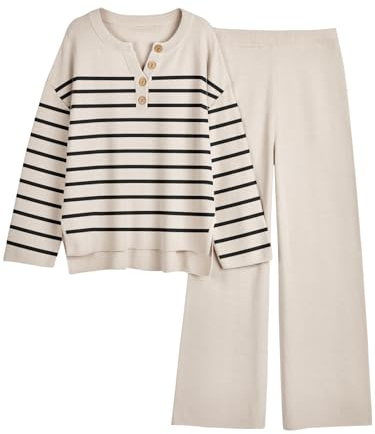 LILLUSORY Lszff0807 Casual Mujer | Cómoda ropa de descanso de punto, trajes de viaje al aeropuerto, túnica Henley con botones y hombros caídos y pantalones de