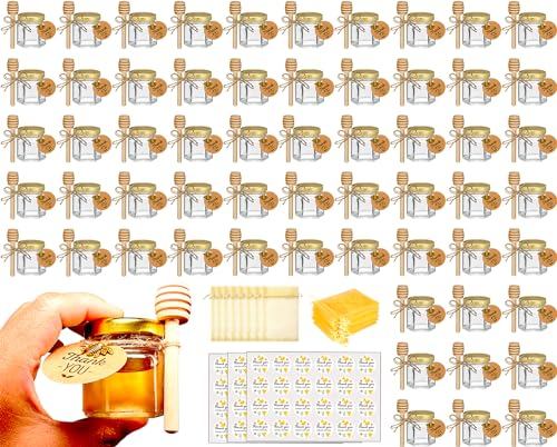 Adabocute Mini Honey Jars with Dipper - Hexagon Honey Pot Set with Gold Lid, Bee Pendants, Jutes, Gold Organza Bags and Stickers - Perfect for Baby Shower Party Favors Wedding Favors, 60 Pack 1.5oz