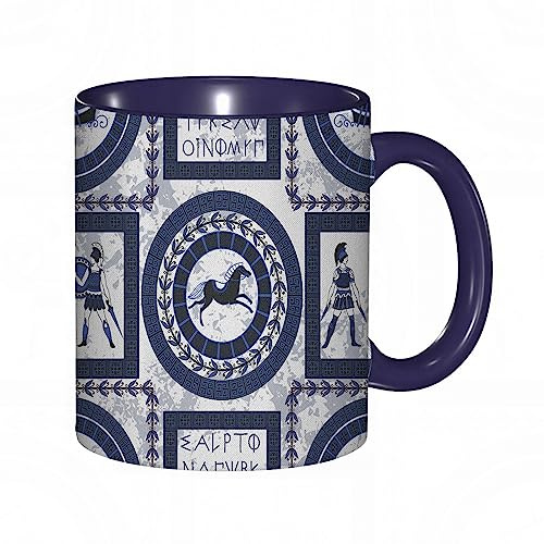 Coffee Mug Funny Mug, Greek Kingdom Hero Antique Greek Alphabet Rhythmic Pattern Old Time Elements.Multicolor Navy Print,Coloured Mug Cup Gift Birthday Work Office Christmas Tea Coffee