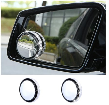 JNNJ 2Pcs Bling Strass Diamant Runder Toter Winkel Autospiegel, 360 ° Drehbarer Verstellbarer HD-Glas-Spiegel, Rückspiegel Universelle für Autos SUV LKW(Weiß)