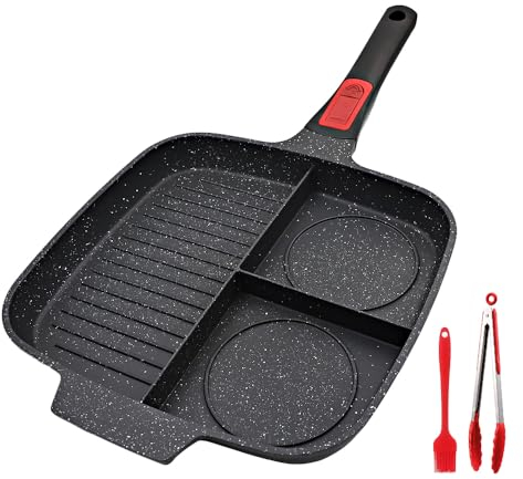 Bobikuke 3-in-1-Grillpfanne für Herdplatten mit abnehmbarem Griff, antihaftbeschichtet, vielseitige Grillpfanne, geteilte Pfanne, quadratische Pfanne, PFOA-frei, Schwarz