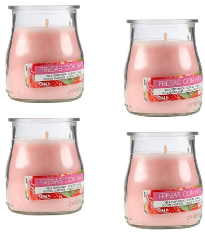 4 Stück Duftkerzen Erdbeeren mit Sahne im Glas 7x6cm, Rosa Duftkerzen 24 Stunden Verbrennung