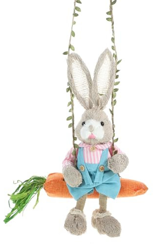 Warmhm Schaukelkaninchen-Gartenstatue Osterdekoration Hase Auf Karotte Schaukel Hängende Osterhasenfigur Strohhasenstatue Für Zuhause Outdoor Bauernhaus Frühlingsdekoration B