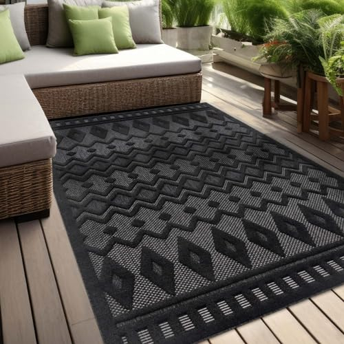 In & Outdoor Teppich Barcelona Wetterfest Balkon Boho Wohnzimmer Küche Skandinavisch Muster Einfarbig 3D Effekt Modern anthrazit Karos Welle 240x340 cm