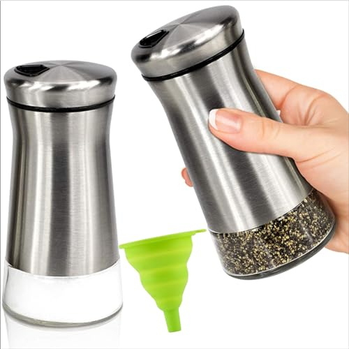 Premium Glass Salt and Pepper Shakers Set - Stainless Steel Spice Dispenser Kitchen Accessories for Dining Table with 27 Salt & Spices Label Sheet- Classic Salt and Pepper Pots (Silver)