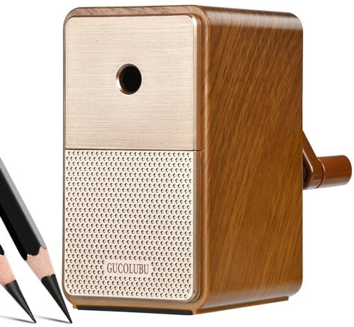Manual Pencil Sharpener Desk Pencil Sharpener with Container 5 Grades of Thickness Adjustable and Auto-Stop Function Suitable for Kids/Students/Artists Office Use (Oak)