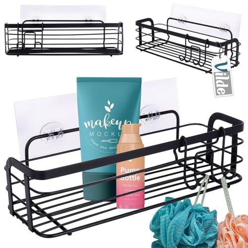 Vilde Duschablage Ohne Bohren - Schwarzes Metall Duschregal 29,5x10,5x8cm - Badregal Zur Wandmontage - Badezimmer Aufbewahrung & Organisation - Dusche Organizer Mit Abnehmbarem Haken