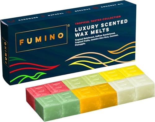 Fumino Frisches Handgemachtes Luxus-Schmelzwachs Tropische Geschmäcker Multipack-Set 12 Duftwachs-Stücke 6 Düfte Intensiver Duft mit Bienenwachs