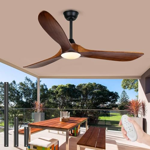 XSGDMN 152cm Ventilador de techo con luz para exteriores, ventilador de techo de madera vintage con control remoto, ventilador de techo de hélice de 3 aspas, apto para uso en interiores y exteriores