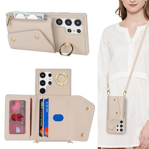 Lipvina Hülle für Samsung Galaxy S23 Ultra Hülle mit Band Kartenhalter handyhülle Hülle für Samsung Galaxy S23 Ultra mit Reißverschluss Band Ring Ständer Case für Frauen - weiß
