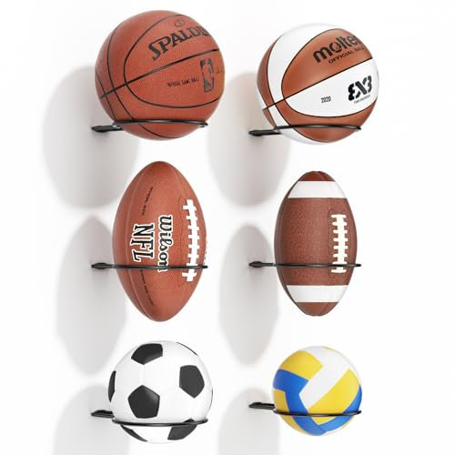 Basketball Holder Wall Mount: 6 pcs Ball Wall Storage Rack for Display, Wall Mount for Basketball, Soccer Ball, Volleyball, Football, Rugby, Holder as Sports Room Decor