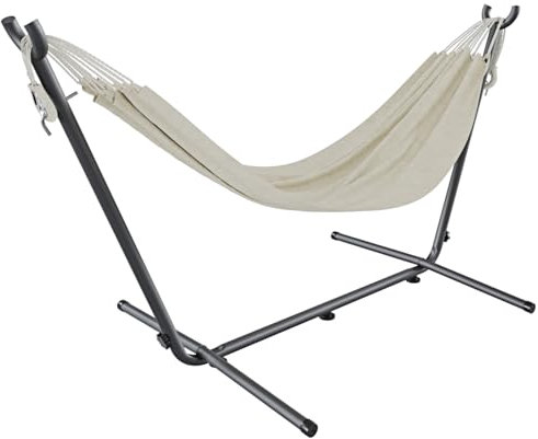 Amaca Da Giardino Con Supporto In Acciaio Portata 200 Kg Altezza Regolabile Telo Cotone Resistente Amaca Brasiliana Esterno Terrazzo Piscina Balcone Con Borsa 265 x 110 x 100 Cm (Beige)