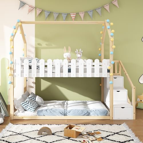 Merax Hochbett, Hütte für Kinder, multifunktional, Bett für Kinder mit Treppe, Aufbewahrung, mit Kork-Geländer, 90 x 200 cm, Weiß und Holzfarbe (ohne Matratze)