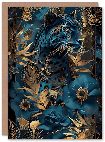 Artery8 Greeting Card Elegant Cheetah With Blue Gold Jungle Flowers Blank For Him Or Her Art Birthday Card