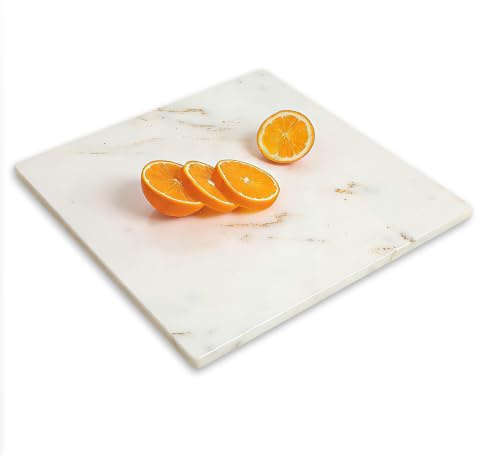 Diflart Natural Marble Stone Cutting Board for Kitchen, 16x16 Inch, White with Gold Veins, Marble Slab Pastry Board Large with Non-Slip Feet for Backing, Cheese, Chocolate, Pack of 1 Piece