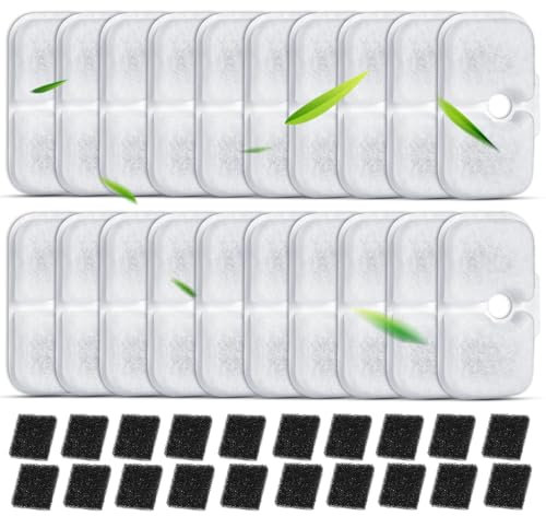 Herboom 40 Stück Filter Katzenbrunnen, Dockstream Trinkbrunnen für Katze PLWF005, PLWF115, PLWF105, Trinkbrunnen Filter Ersatzfilter für Katzentrinkbrunnen, 20 Filter und 20 Schwämm