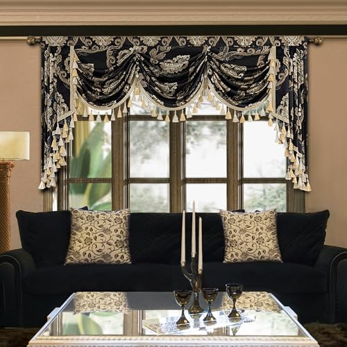 TOPLUXE Swag Valance for Windows, Jacquard Waterfall Short Curtain with Tassels for Bedroom Living Room Kitchen Decoration, Rod Pocket (Width 200cm, Black)