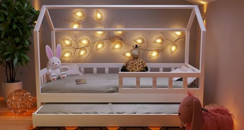 Holzti - Hausbett 160x80cm, mit Schubladen, Weiß - Kinderbett aus Holz, mit Lattenrost und abnehmbarem Rausfallschutz - Bodenbett bis 180 kg Belastbar, aus Kiefernholz - für Mädchen, Junge