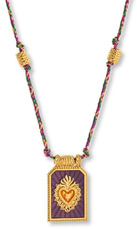 happymaker - Surfer Kette Damen, Sommer Kette Damen mit Amulett, Stoffkette lila mit Messing Perlen und Herz Taro Anhänger, Boho Kette lang, handgemacht