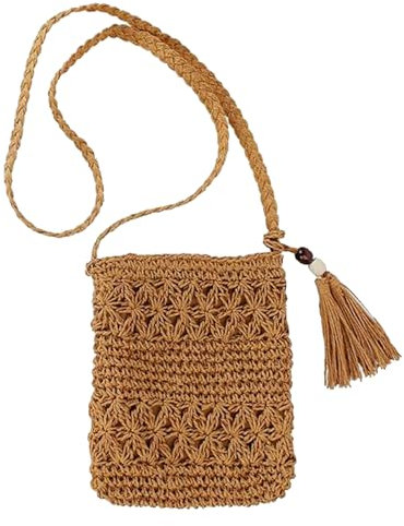 Diyxisk Strohtaschen Damen Retro Strandtasche Damen Stroh Strandtasche mit Quasten Flechttasche Boho Tasche Hohle Freizeit Umhängebeutel, für Damenreisen und Urlaub (Braun)