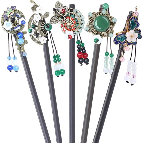 5 Pièces Baguettes à Cheveux en Bois, Vintage Cheveux Baguettes, Épingle à Cheveux Vintage pour Femme, Épingles à Cheveux Chinois Baguettes, Pinces à Cheveux en Bois, pour Cheveux DIY Accessoire(N)