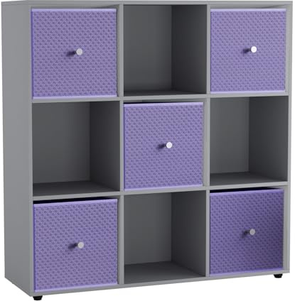 URBNLIVING 9 Cube Storage Unit with 5 Foldable Fabric Drawers, Wooden Freestanding Bookcase Shelf Organiser, Modern Cube Shelving for Bedroom, Office, Living Room, Toys, Clothes & Books