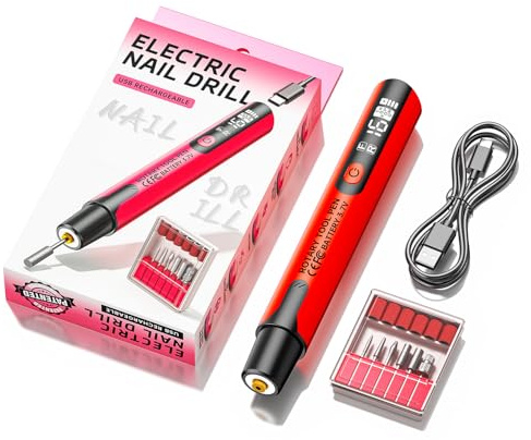 Byeodio Electric Nail Drill USB Rechargeable Rotary Tool Pen with 6-Speed Adjustment, LED Display, Forward/Reverse Function, Low Noise Vibration, Portable Electric Manicure Tool for Home and Salon Use