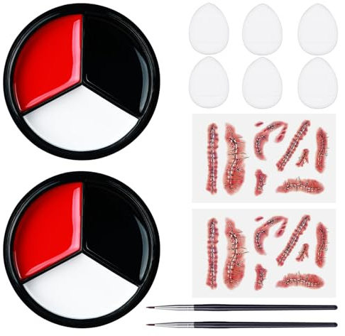 12 Stück Halloween Make Up Set, 2*22.8g Schwarz Weiß Rot Halloween Schminke, 2 Narben Aufkleber, 2 Eyeliner, 6 Mini Pulver, Kinderschminke Karnevals Set, Face Paint Für Theaterschminke Erwachsene