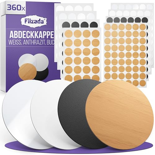 Filzada® 360x Abdeckkappen für Schrauben Set D14 & D20mm Selbstklebend | Schraubenabdeckung Weiss, Holz & Schwarz, Möbelpflaster, Möbelaufkleber - starke Klebekraft - kaschiert - Schraubenkappen