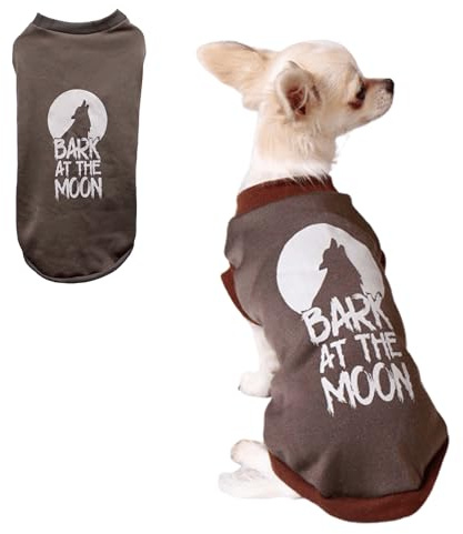 Dog Halloween Jumper, Pet Dog Sweater Bark at the Moon Halloween Dog Costume for Small/Medium Dogs Brown Machine Washable Funny Holiday Party Outfit for Puppies M/L - L46 x W23cm