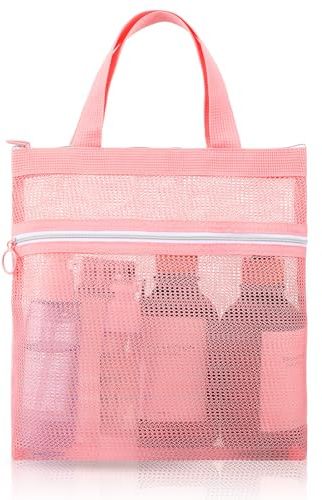 Mesh Shower Caddy, Portable Quick Dry Mesh Toiletry Tote Bag Small Hanging Wash Bag with Zipper for College Dorms, Gym, Beach, Camping, Swimming, Yoga and Travel (Pink)