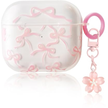 KEWUF Funda Protectora para Auriculares inalámbricos Modelo 4, Estuche con Forma de Lazo Rosa con Colgante Floral, Carcasa Anti-Rasguños y Anti-Polvo