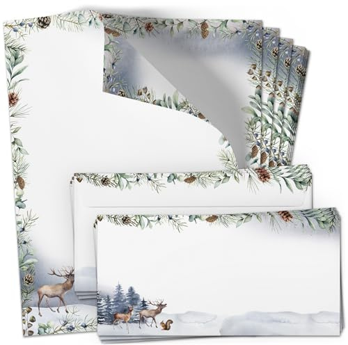 Weihnachtsbriefpapier Set - 10 x Weihnachtspapier mit Umschlag | Premium Briefpapier Weihnachten mit Umschlag DIN lang, Winter Landschaft Aquarell, Papier Kuvert bedruckt A4