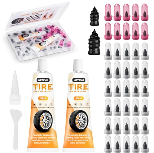 Kit di 40 Chiodi in Gomma per Riparazione Pneumatici con 2 Tubi di Colla sigillante Nera per Pneumatici, Kit di Tappi per Pneumatici a Vite, Kit di Viti per Riparazione Rapida e Self-Service per