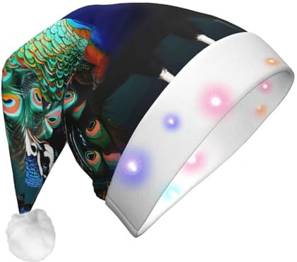 YQxwJL Wunderschöner Pfauen-Print Hut beleuchtet Weihnachten Filz Elf Hut Led Hüte Erwachsene für Damen und Herren, tolles Urlaubsgeschenk
