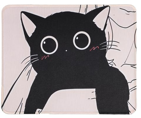 Qianyu Mauspad Klein Schwarzes Katzen Mousepad Süßes Anime Mauspad Lustiges Quadratisches Kanten rutschfeste Schreibtisch Dekor Kawaii Schreibtischzubehör mit Genähten für Maus Computer Laptop Büro