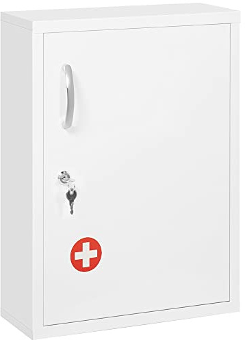 VSOGA Apothekerschrank Wandmontage abschließbar mit 2 Schlüsseln - aus Stahl in Weiß, 40×15×53,5 cm, für Badezimmer & Küche